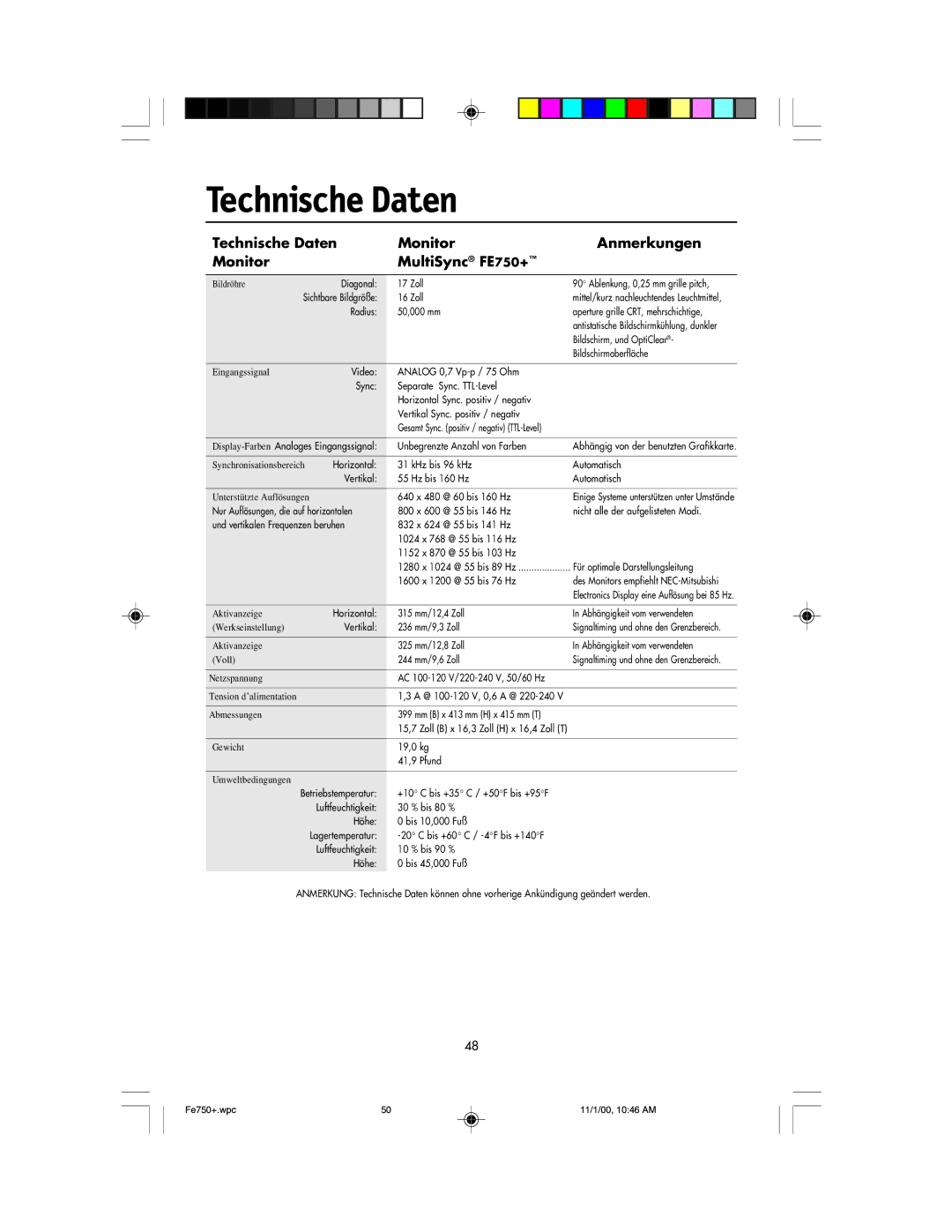 NEC FE750 Plus user manual Technische Daten Monitor Anmerkungen MultiSync FE750+ 