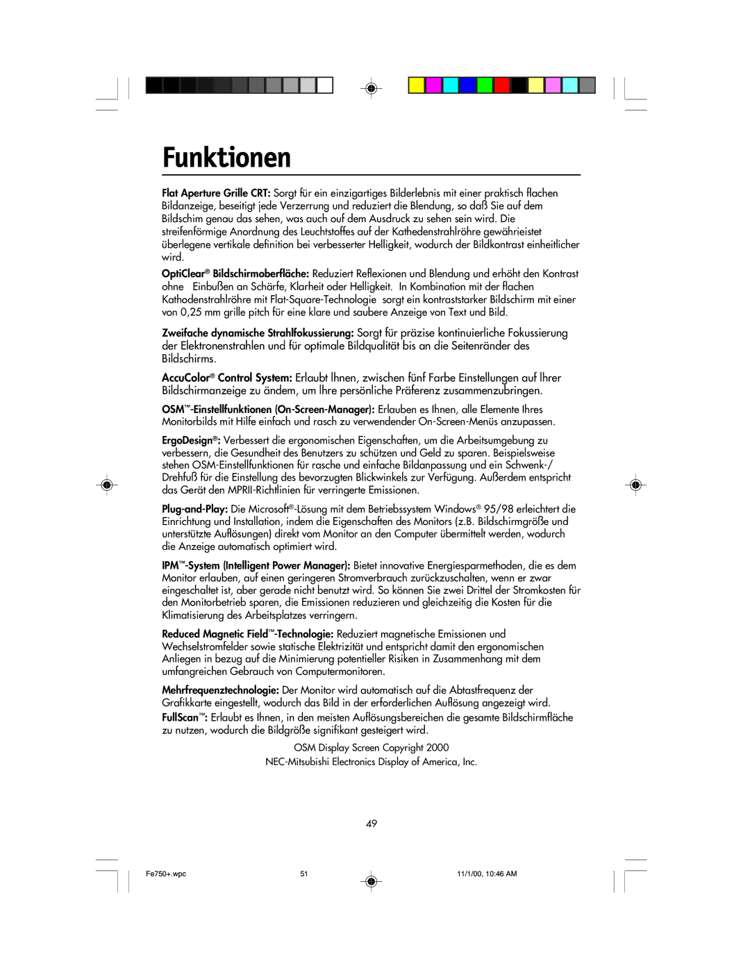 NEC FE750 Plus user manual Funktionen 