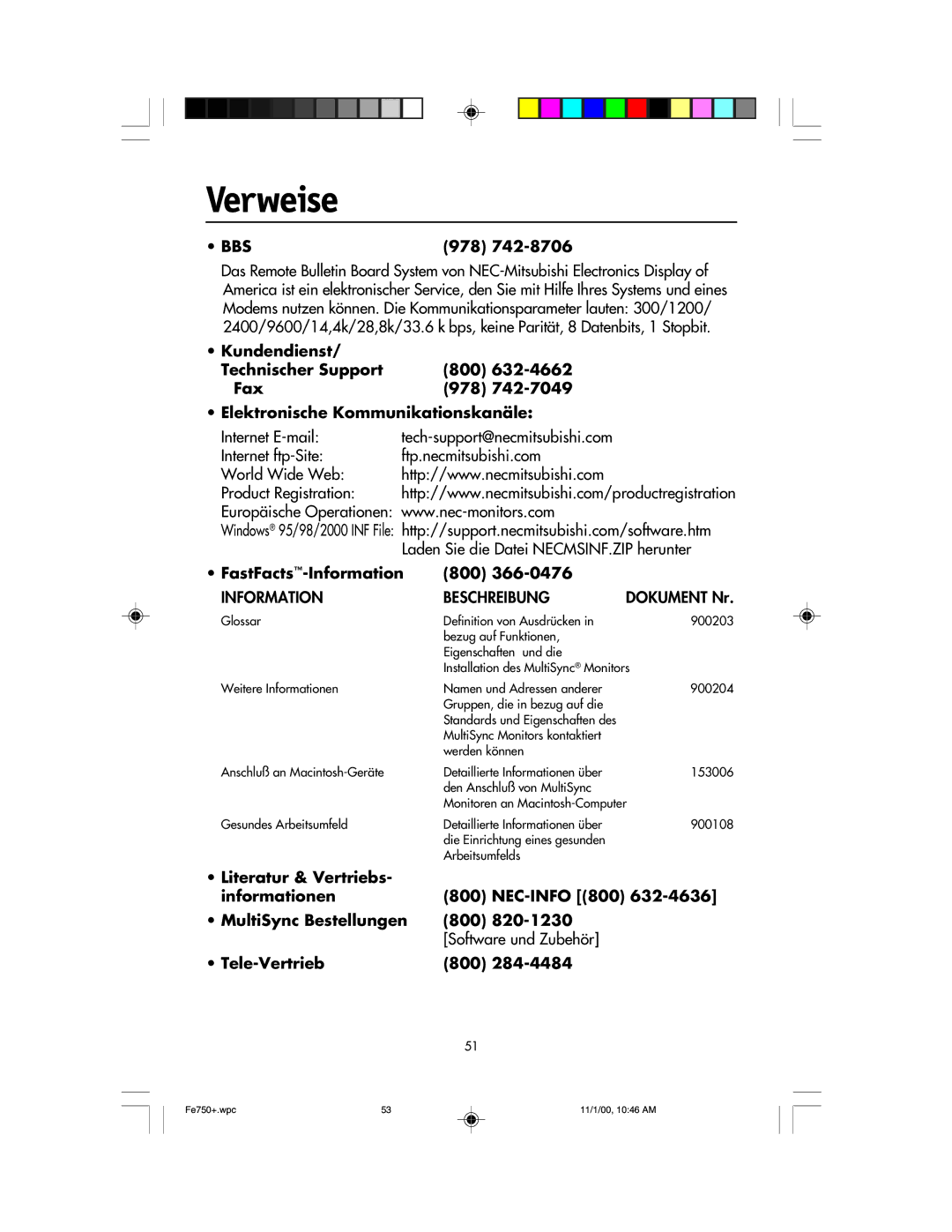 NEC FE750 Plus user manual Verweise, FastFacts-Information 800, Tele-Vertrieb 800 