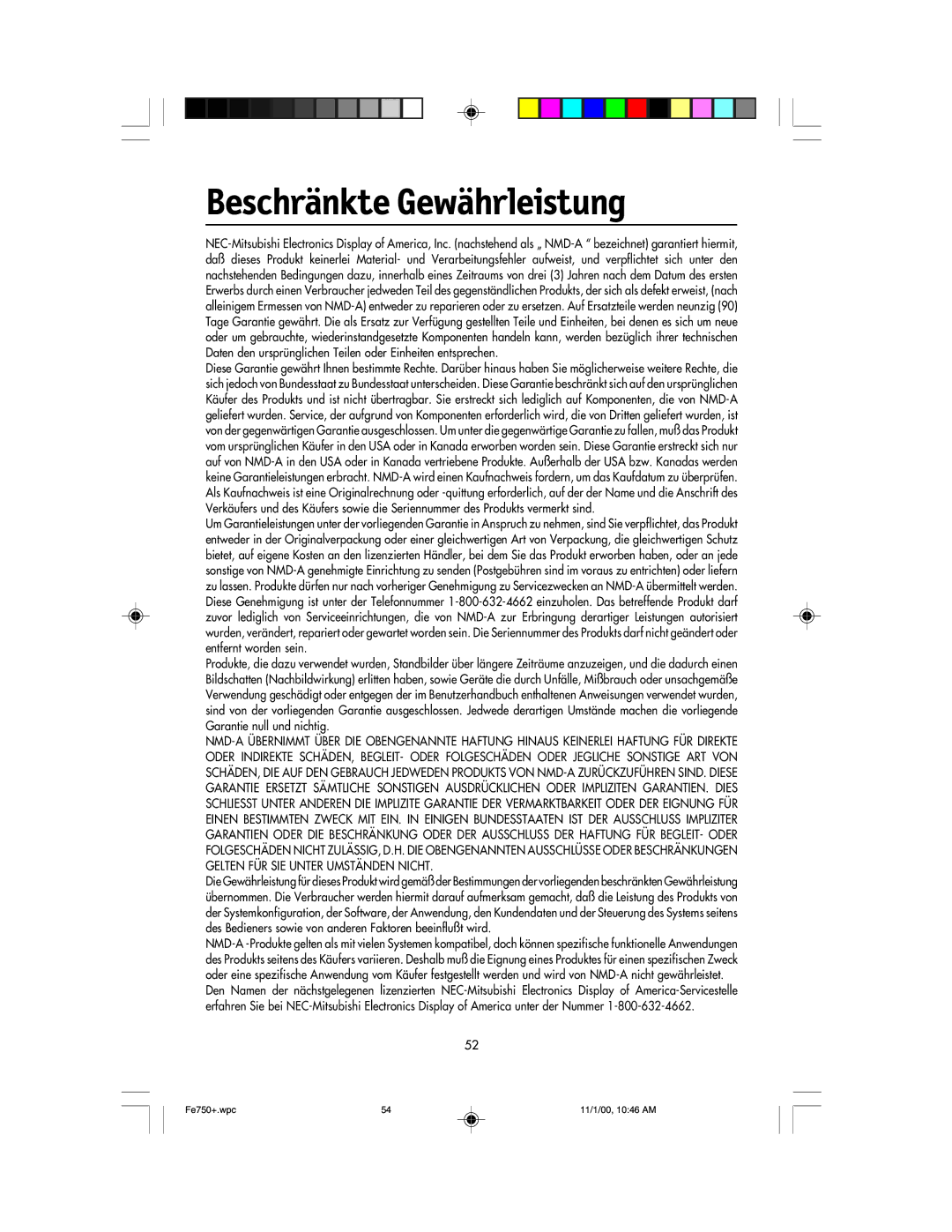 NEC FE750 Plus user manual Beschränkte Gewährleistung 