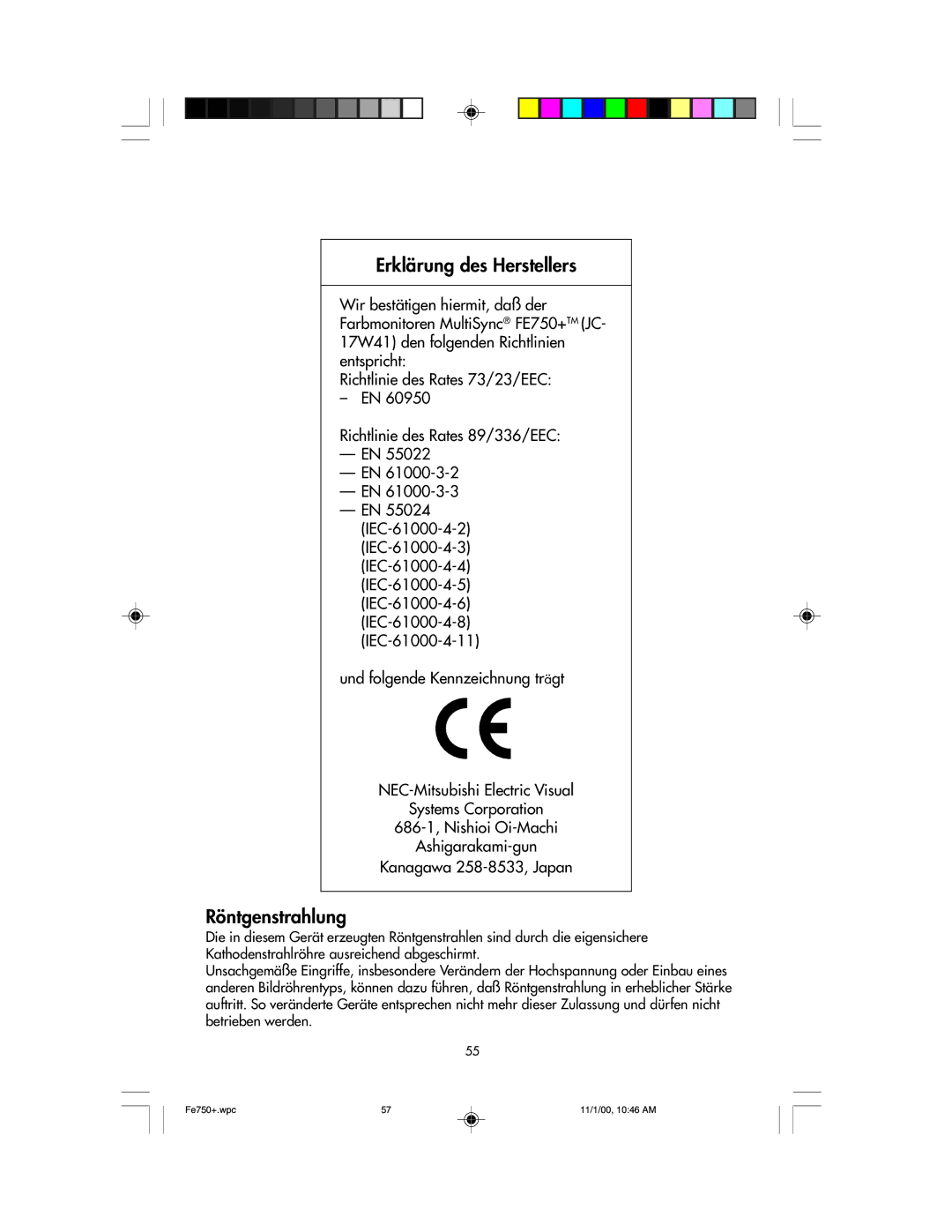 NEC FE750 Plus user manual Erklärung des Herstellers 