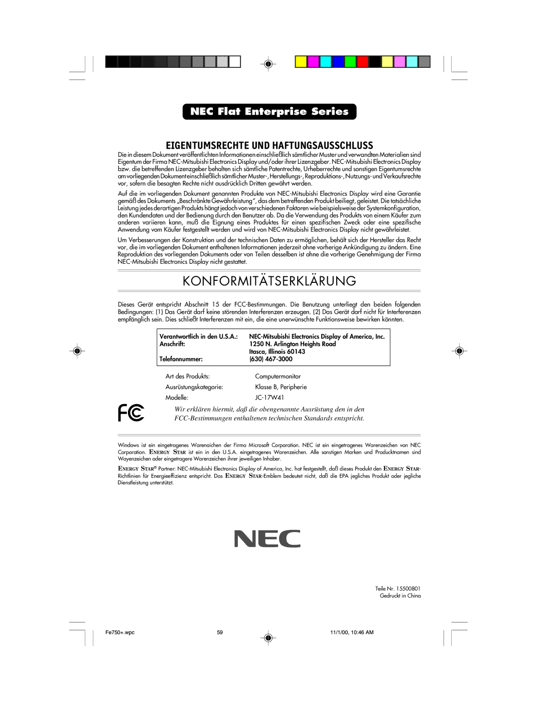 NEC FE750 Plus user manual Konformitätserklärung 