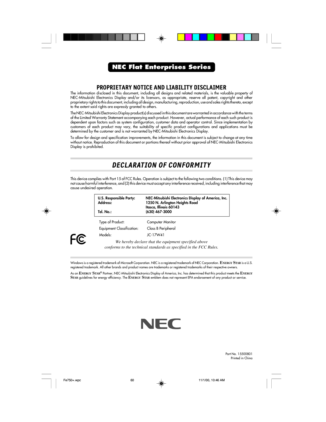 NEC FE750 Plus user manual Declaration of Conformity 