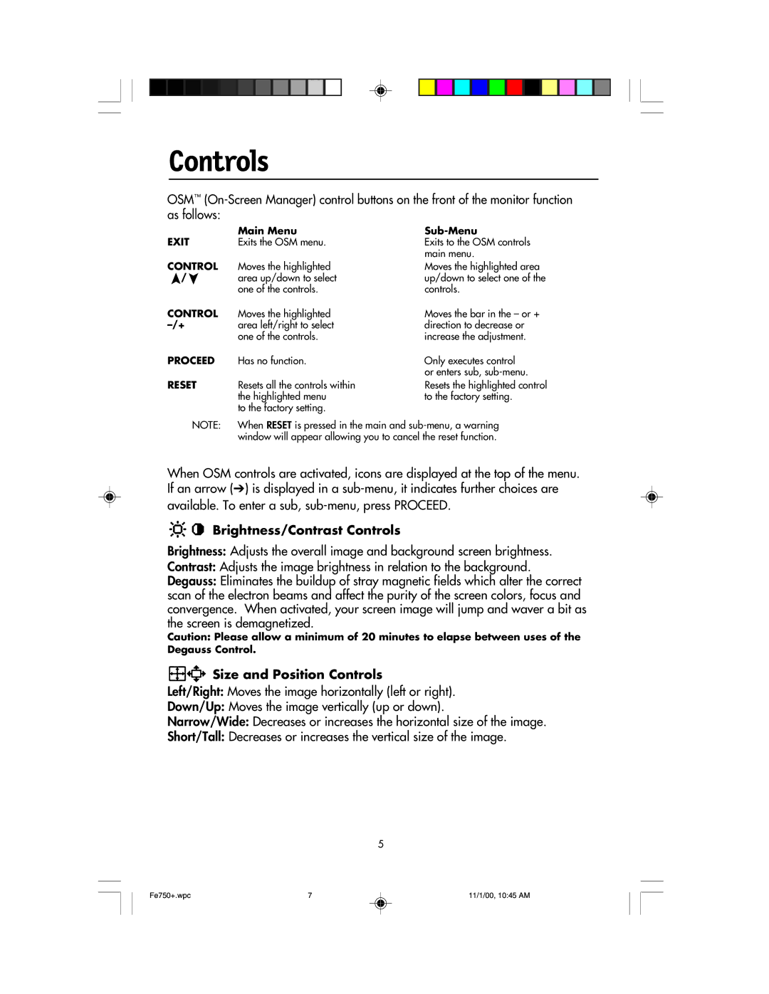 NEC FE750 Plus user manual Brightness/Contrast Controls, Size and Position Controls 