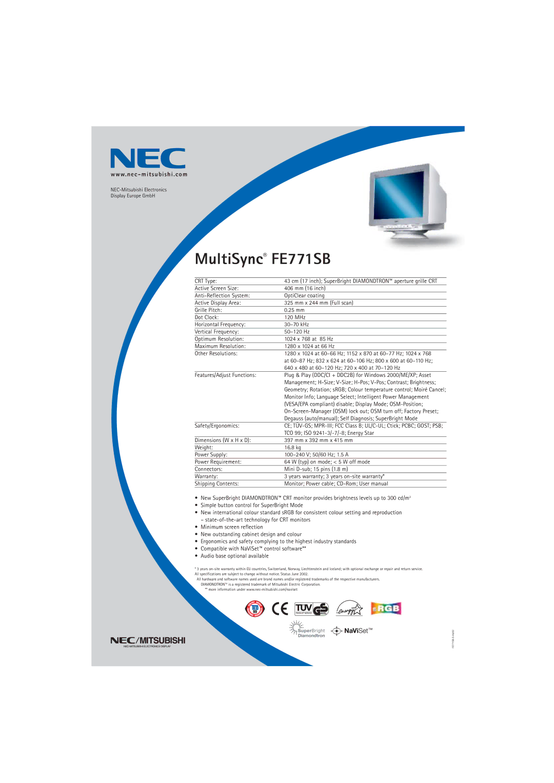 NEC dimensions MultiSync FE771SB 