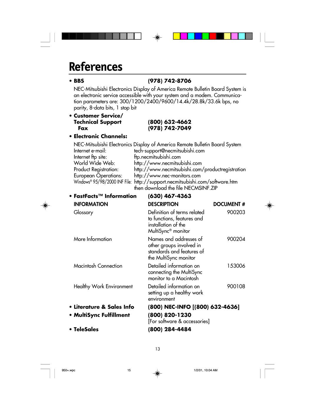 NEC FE950+ References, 978, FastFacts Information 630, Literature & Sales Info NEC-INFO 800 MultiSync Fulfillment 