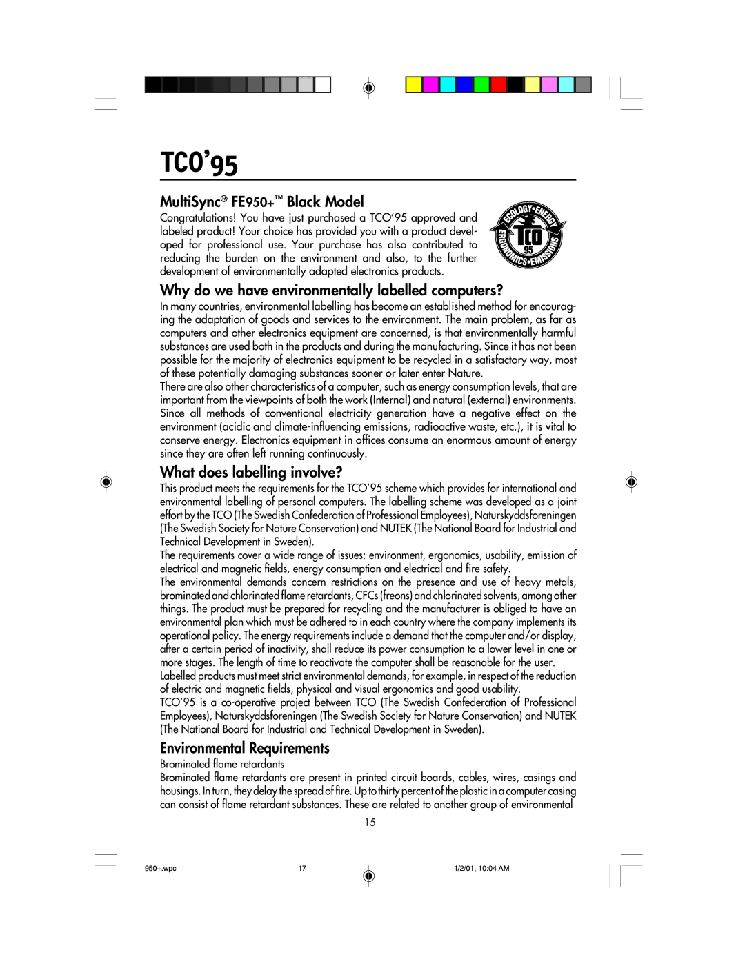 NEC user manual TCO’95, MultiSync FE950+ Black Model, Why do we have environmentally labelled computers? 