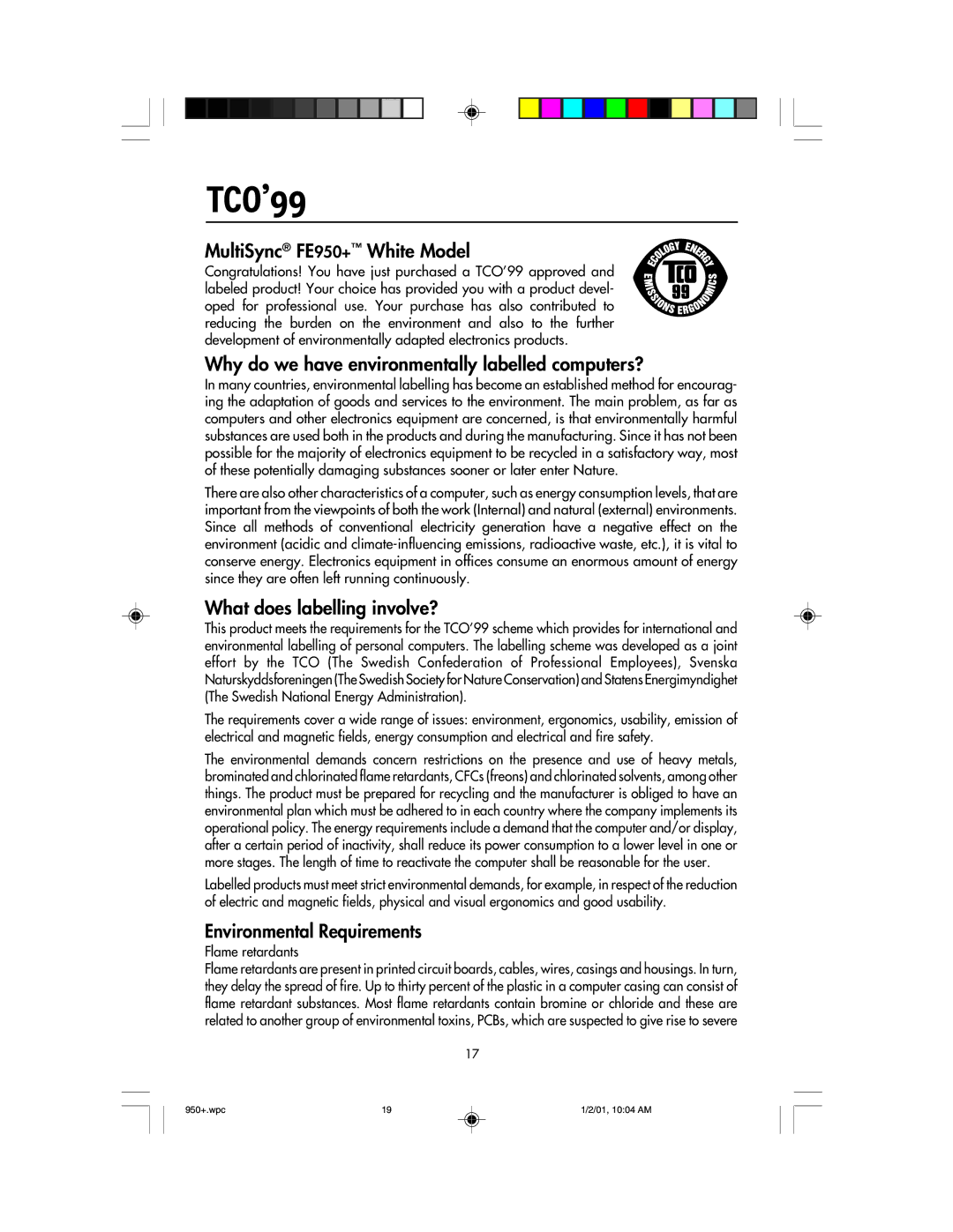 NEC user manual TCO’99, MultiSync FE950+ White Model 