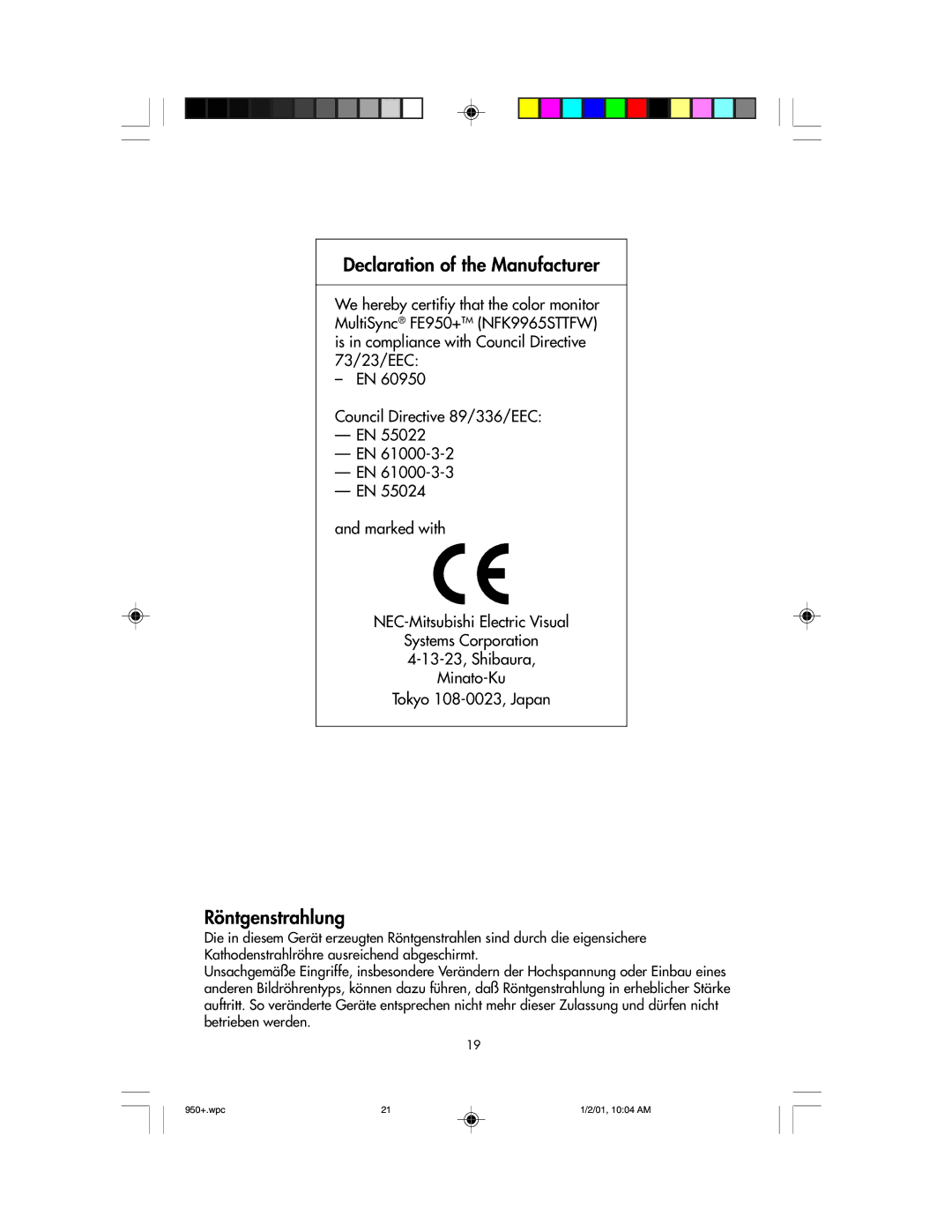 NEC FE950+ user manual Declaration of the Manufacturer, Röntgenstrahlung 