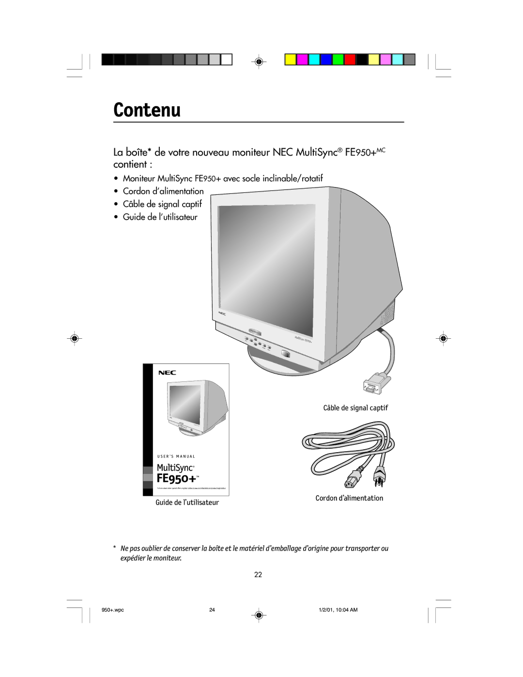 NEC user manual Contenu, FE950+ TM 