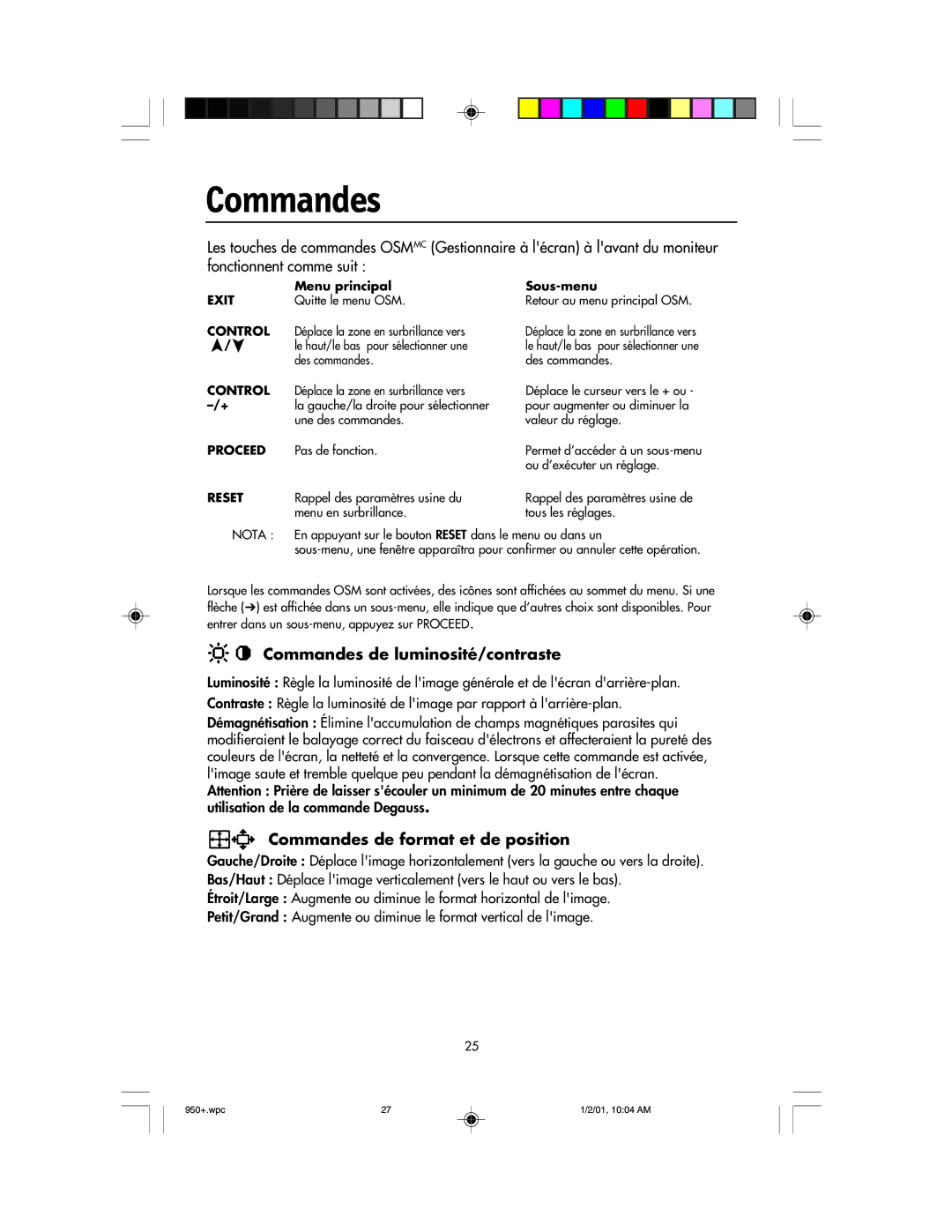 NEC FE950+ user manual Commandes de luminosité/contraste, Commandes de format et de position 