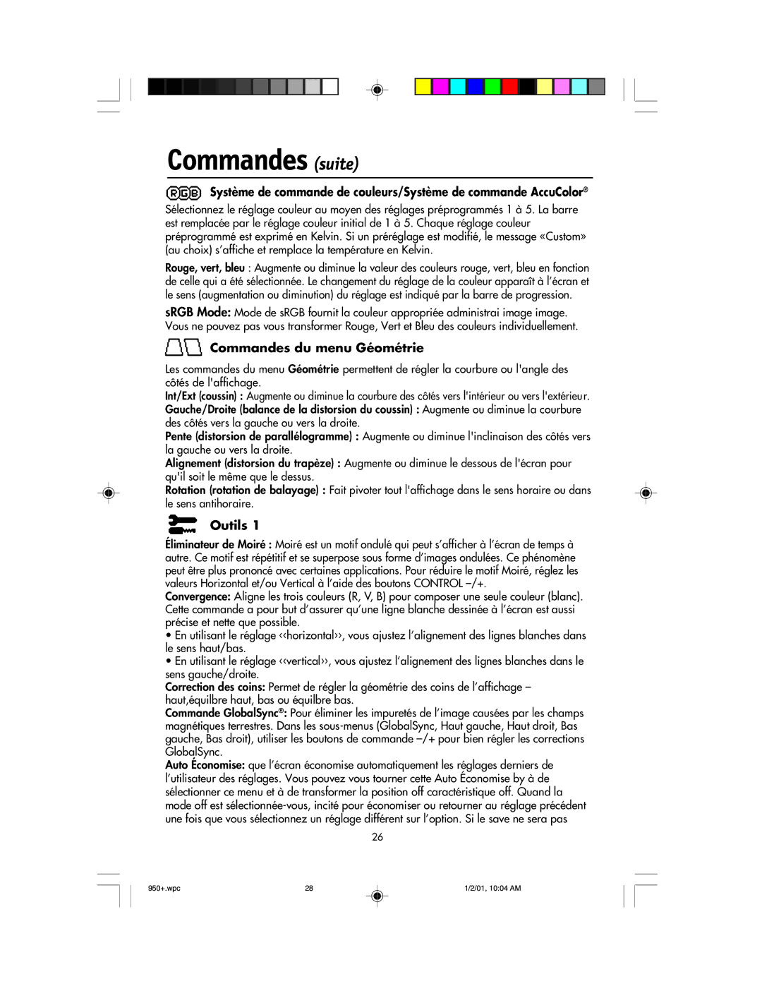 NEC FE950+ user manual Commandes suite, Commandes du menu Géométrie, Outils 