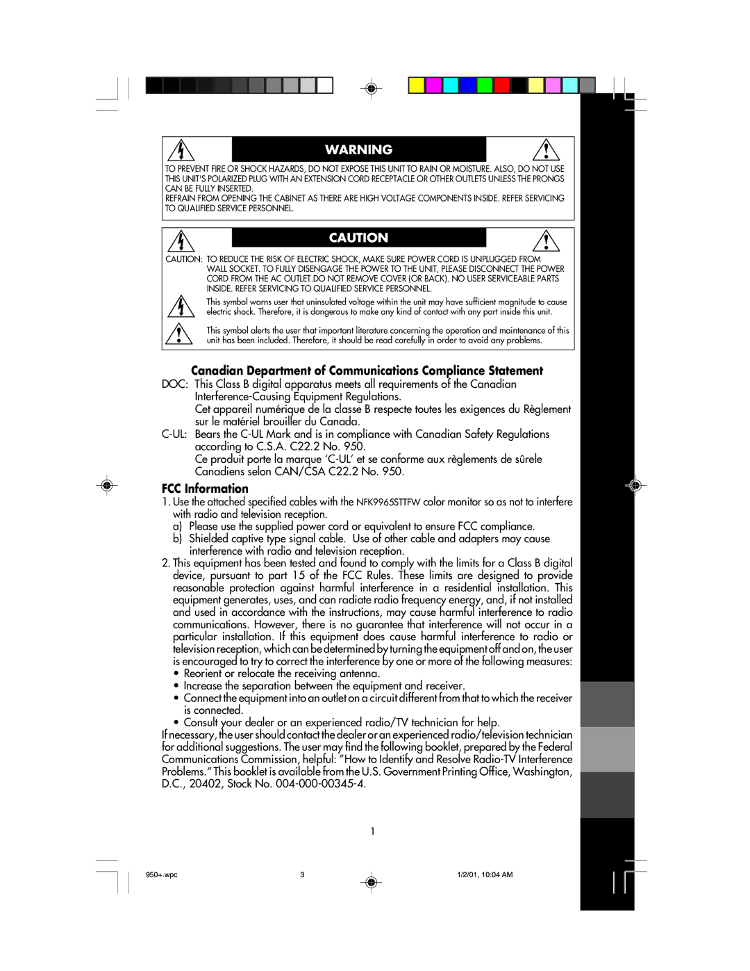 NEC FE950+ user manual Canadian Department of Communications Compliance Statement, FCC Information 