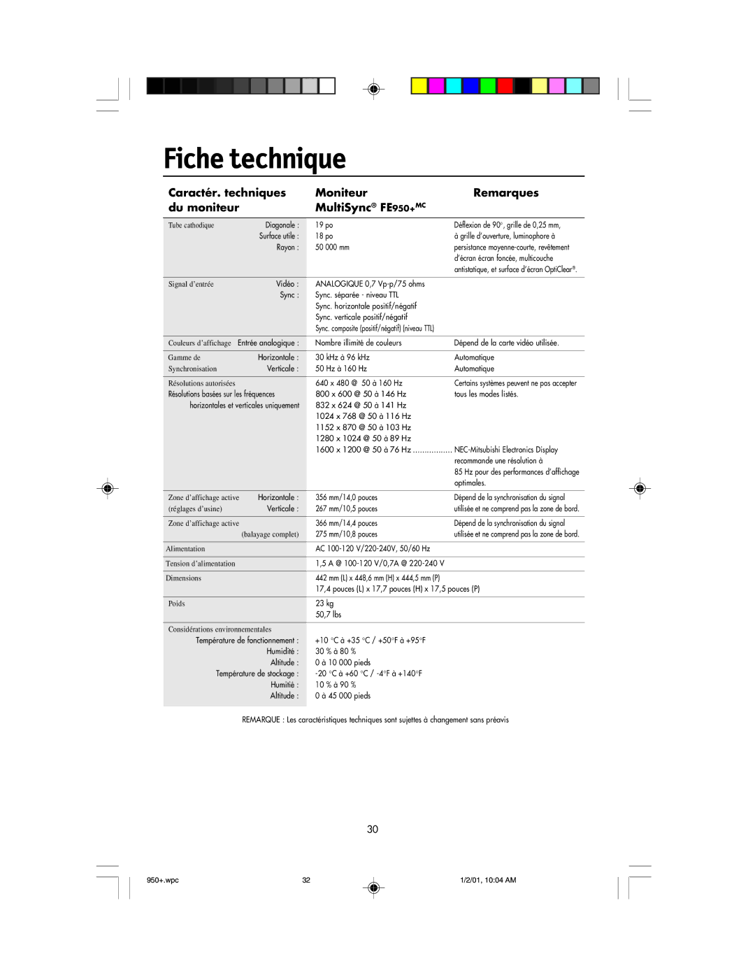 NEC FE950+ user manual Fiche technique, AC 100-120 V/220-240V, 50/60 Hz 