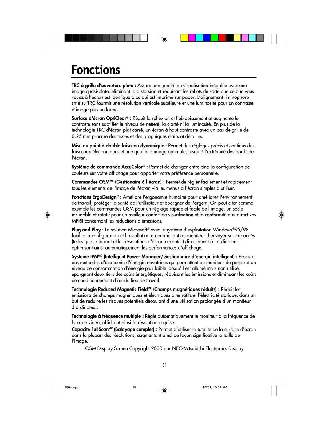 NEC FE950+ user manual Fonctions 