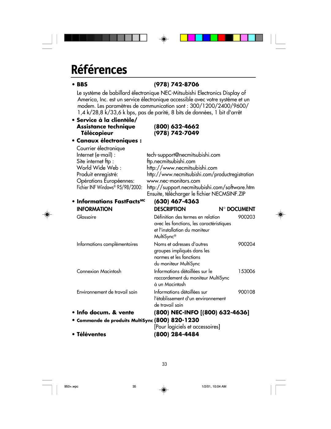 NEC FE950+ user manual Références, Informations FastFacts MC 630, Info docum. & vente NEC-INFO 800, Téléventes 800 