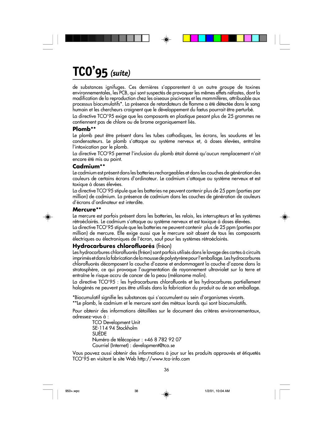 NEC FE950+ user manual TCO’95 suite, Plomb, Cadmium, Mercure, Hydrocarbures chlorofluorés fréon 