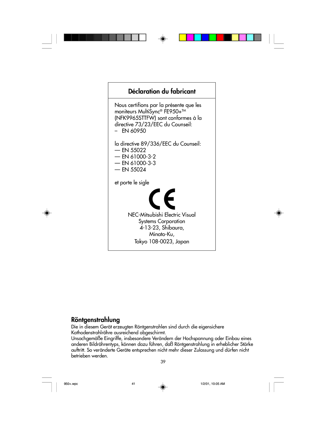 NEC FE950+ user manual Déclaration du fabricant, Röntgenstrahlung 