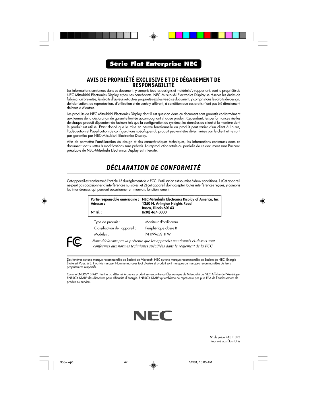 NEC FE950+ user manual Déclaration DE Conformité 