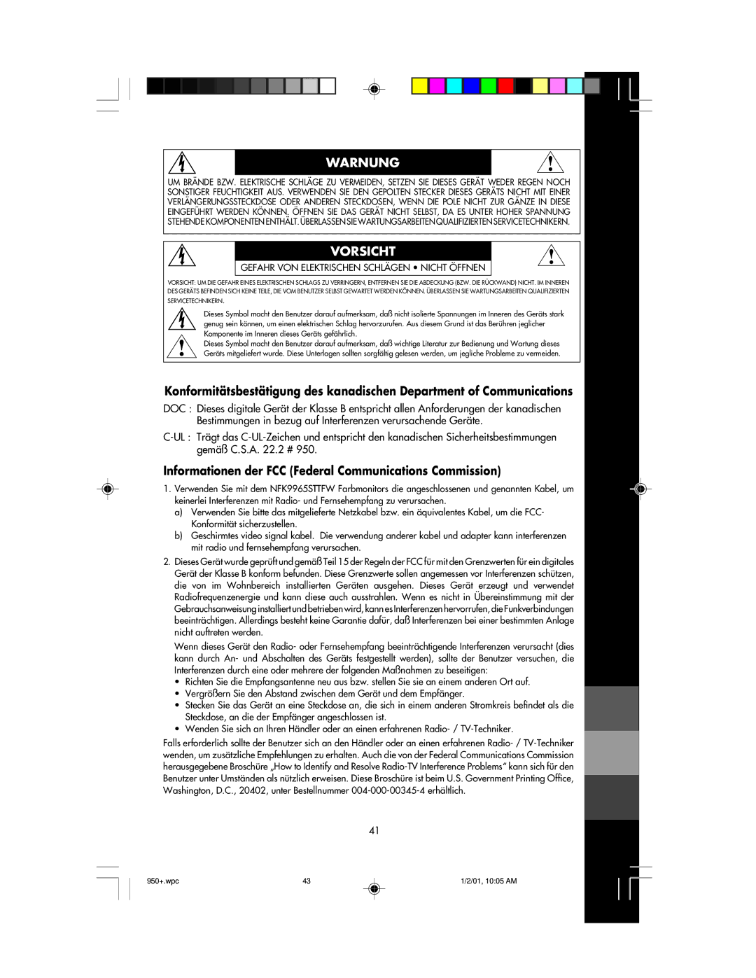 NEC FE950+ user manual Warnung, Informationen der FCC Federal Communications Commission 