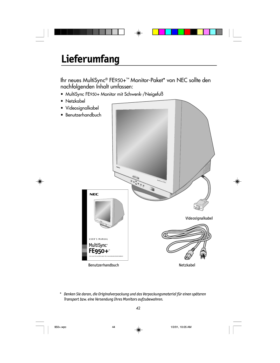 NEC user manual Lieferumfang, FE950+TM 