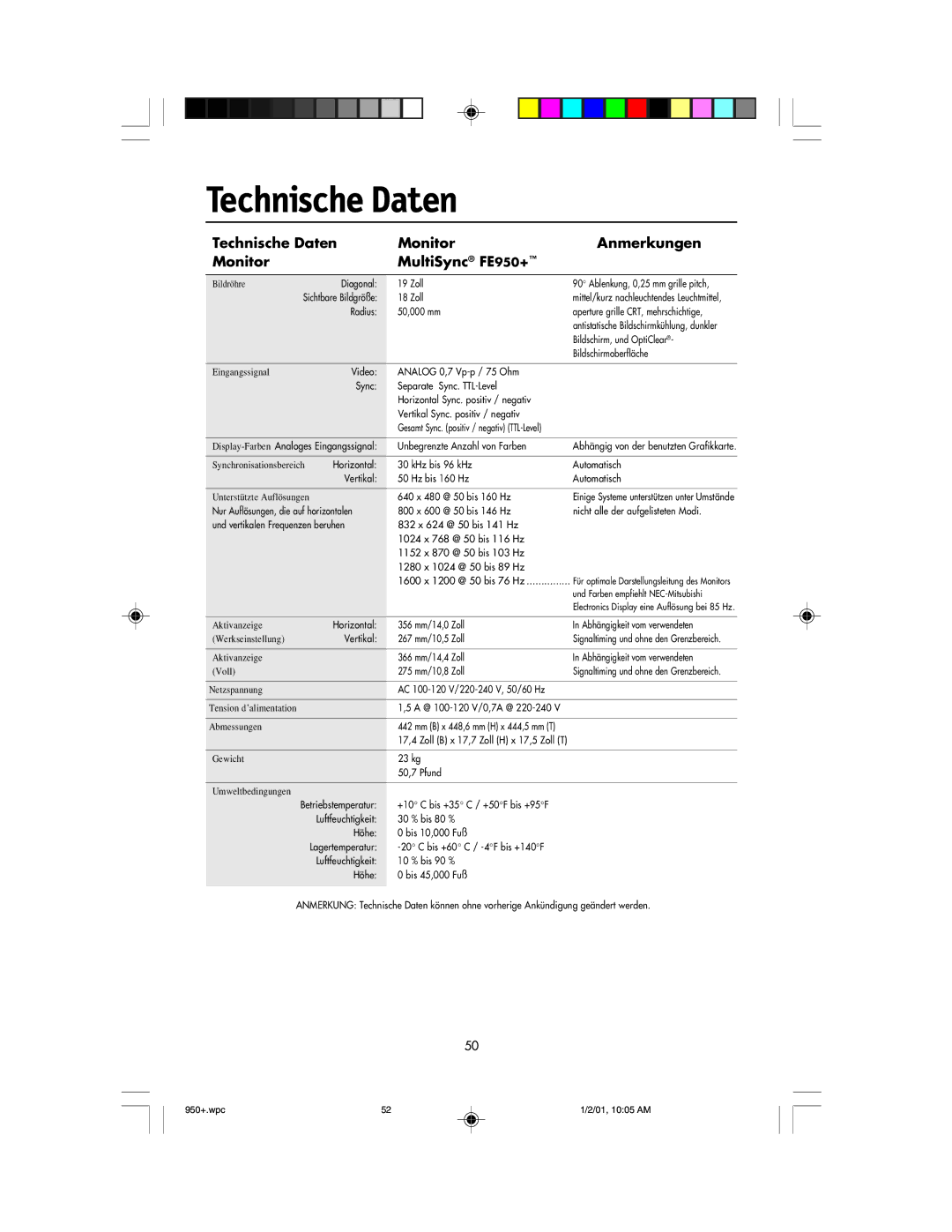 NEC user manual Technische Daten Monitor Anmerkungen MultiSync FE950+ 