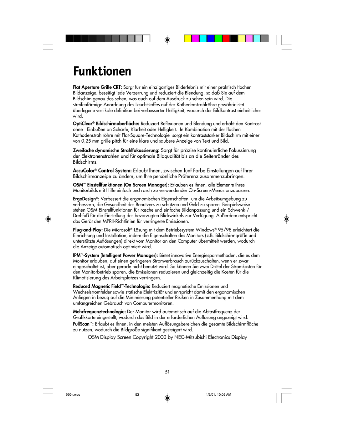 NEC FE950+ user manual Funktionen 