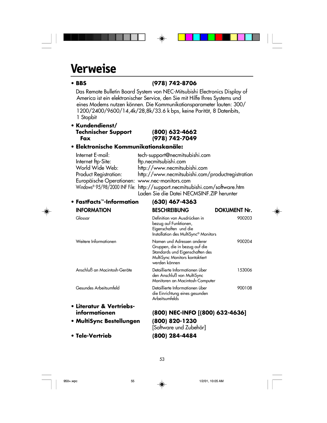 NEC FE950+ user manual Verweise, FastFacts-Information 630, Tele-Vertrieb 800 