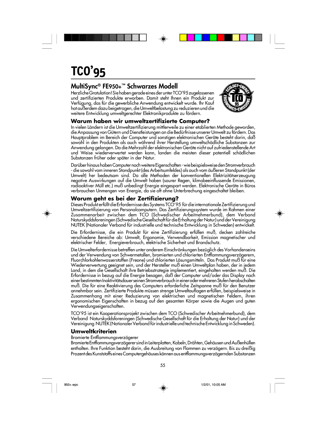 NEC user manual MultiSync FE950+ Schwarzes Modell, Warum haben wir umweltzertifizierte Computer?, Umweltkriterien 