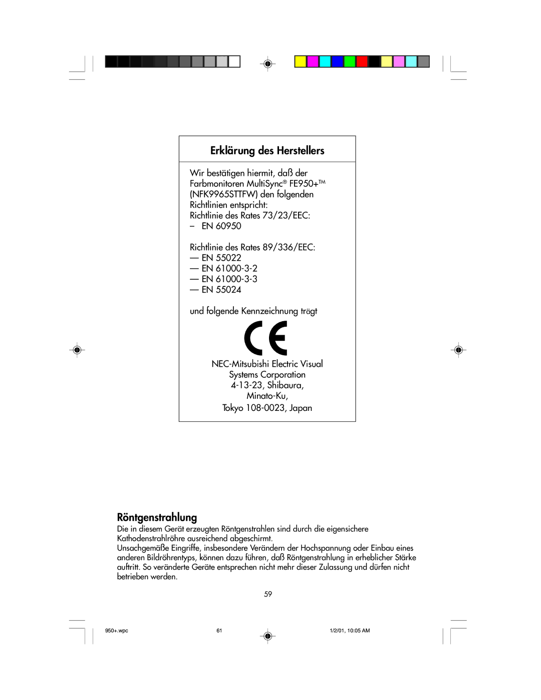 NEC FE950+ user manual Erklärung des Herstellers, Röntgenstrahlung 