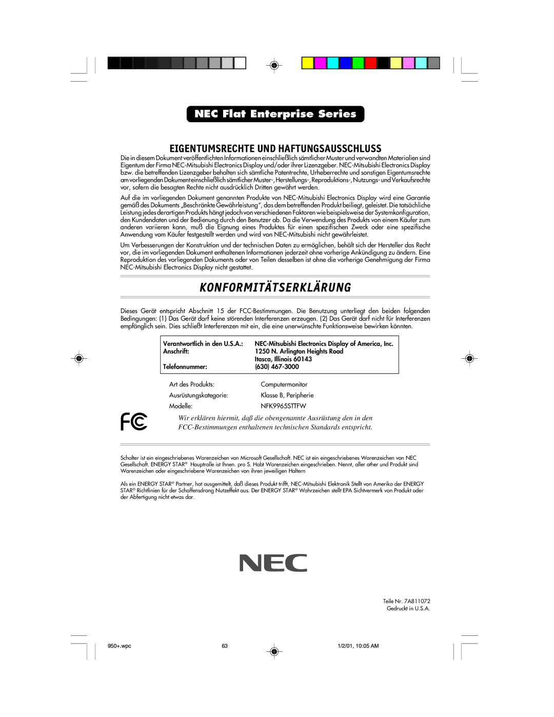 NEC FE950+ user manual Konformitätserklärung 