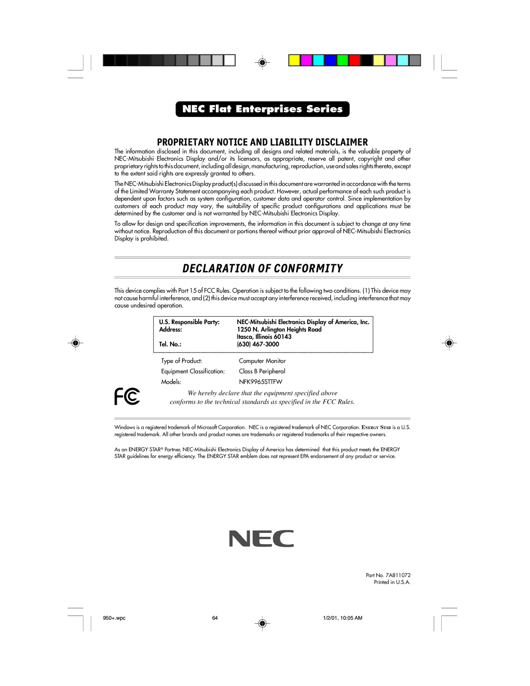 NEC FE950+ user manual Declaration of Conformity 