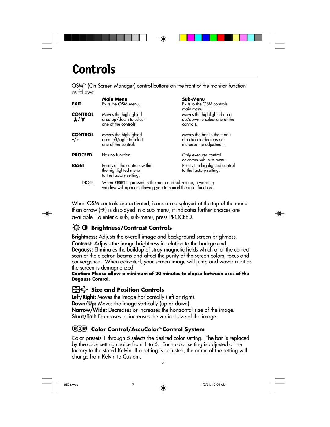 NEC FE950+ user manual Brightness/Contrast Controls, Size and Position Controls, Color Control/AccuColor Control System 