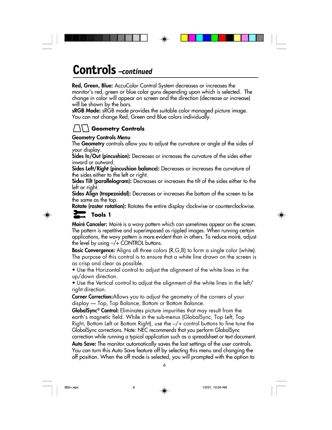 NEC FE950+ user manual Geometry Controls, Tools 