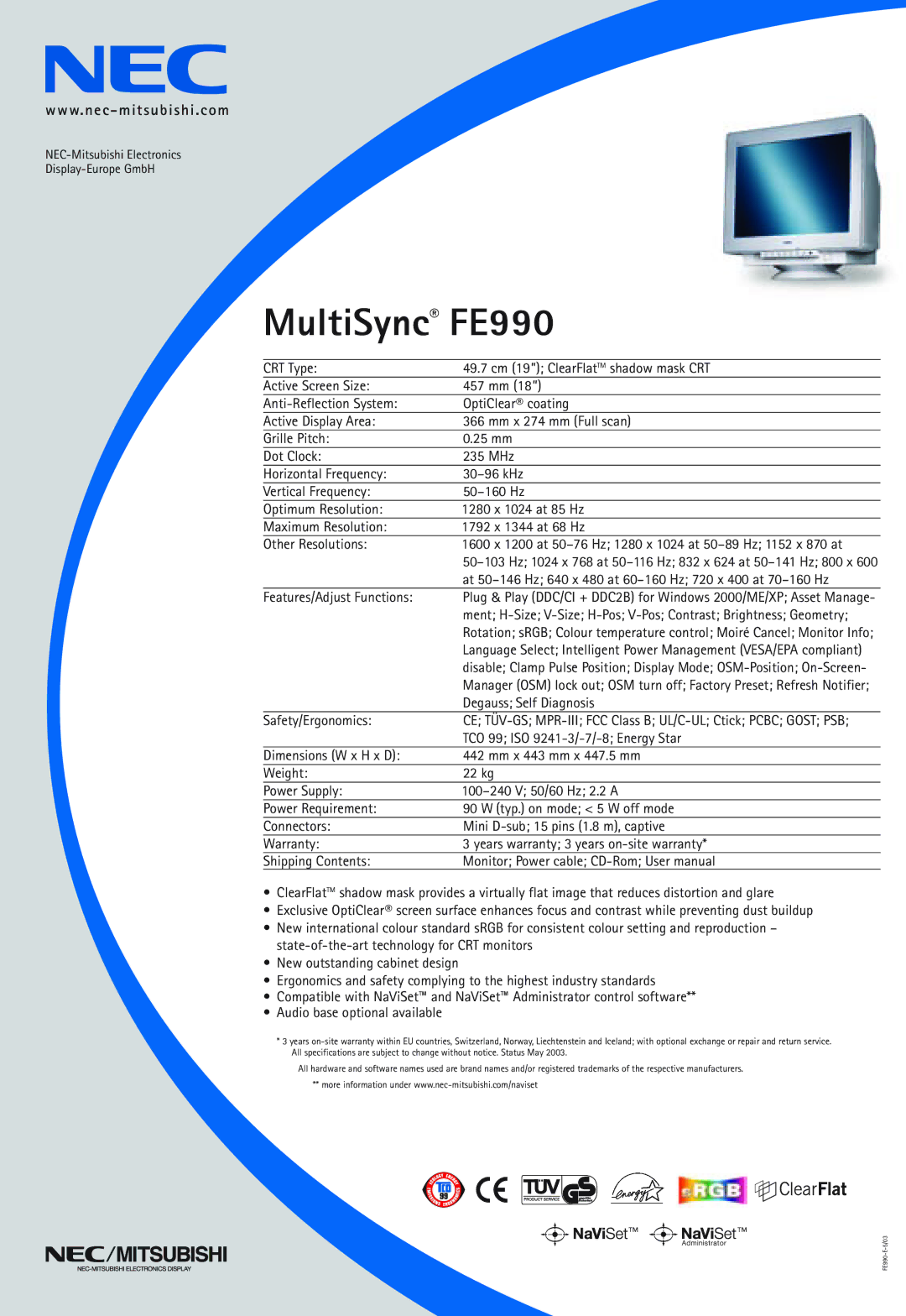 NEC dimensions MultiSync FE990 