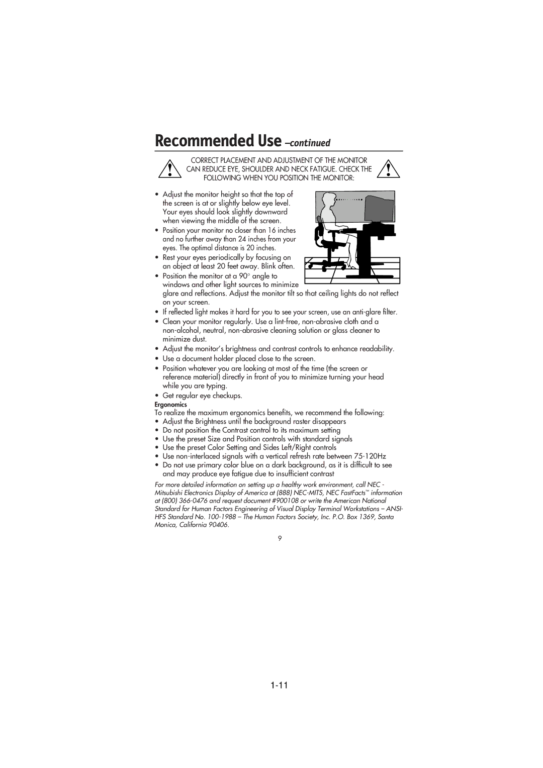 NEC FE791SB, FE991SB user manual Adjust the monitor height so that the top 