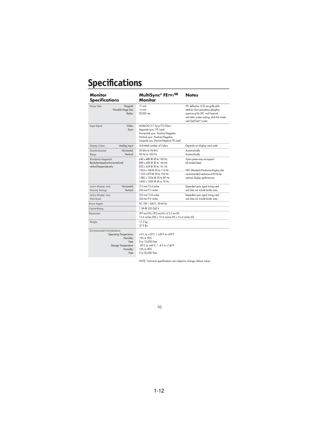 NEC FE991SB, FE791SB user manual Specifications, Monitor MultiSync FE 791 SB 