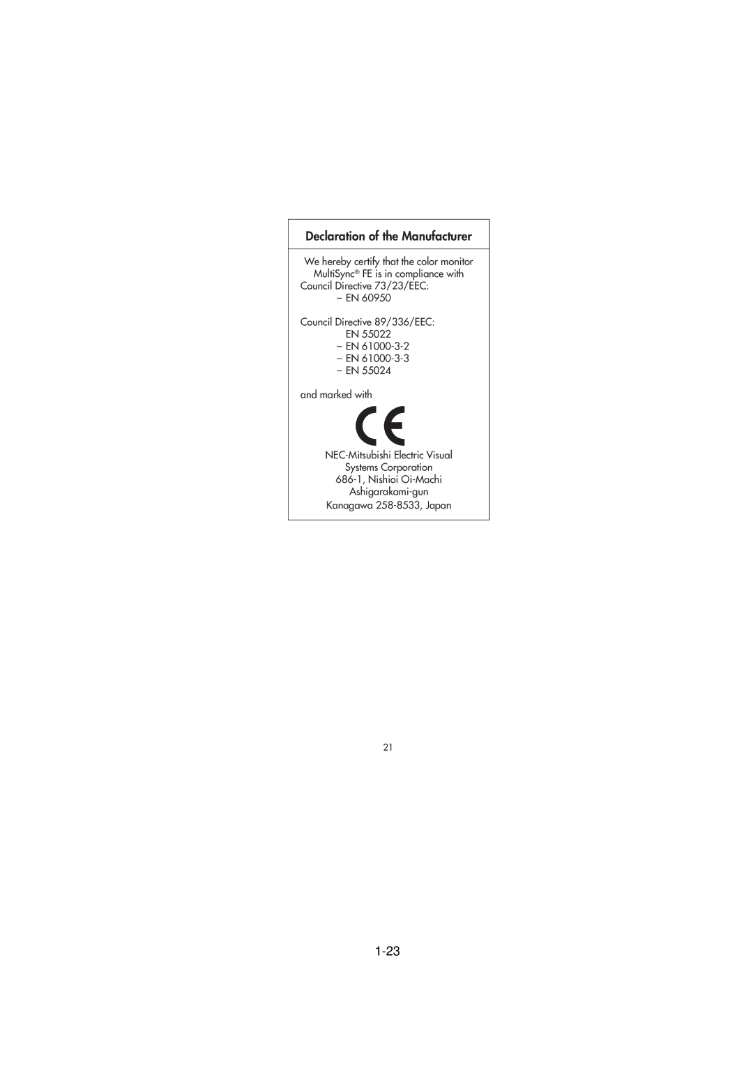 NEC FE791SB, FE991SB user manual Declaration of the Manufacturer 