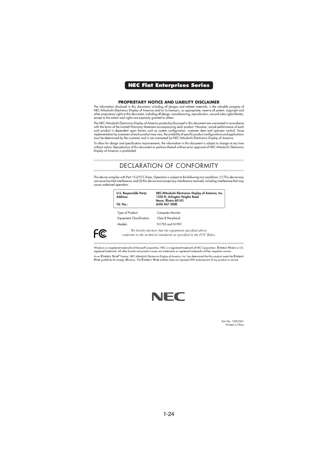 NEC FE991SB, FE791SB user manual Declaration of Conformity 