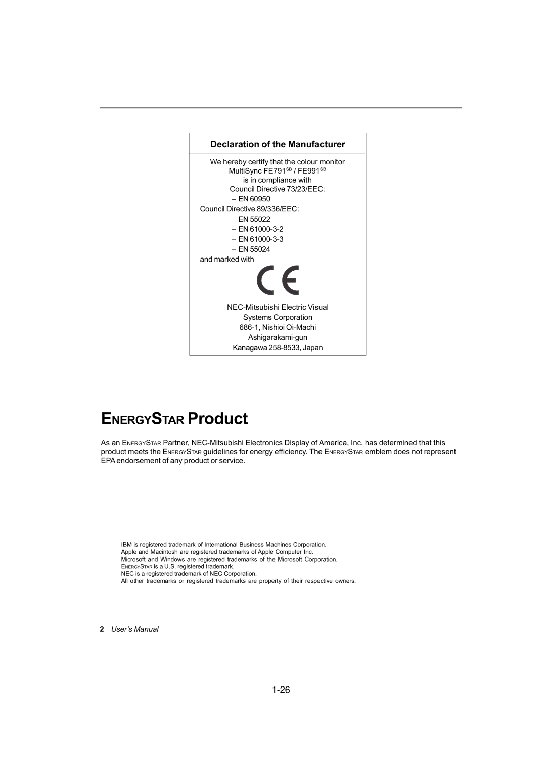 NEC FE991SB, FE791SB user manual Energystar Product, Declaration of the Manufacturer 