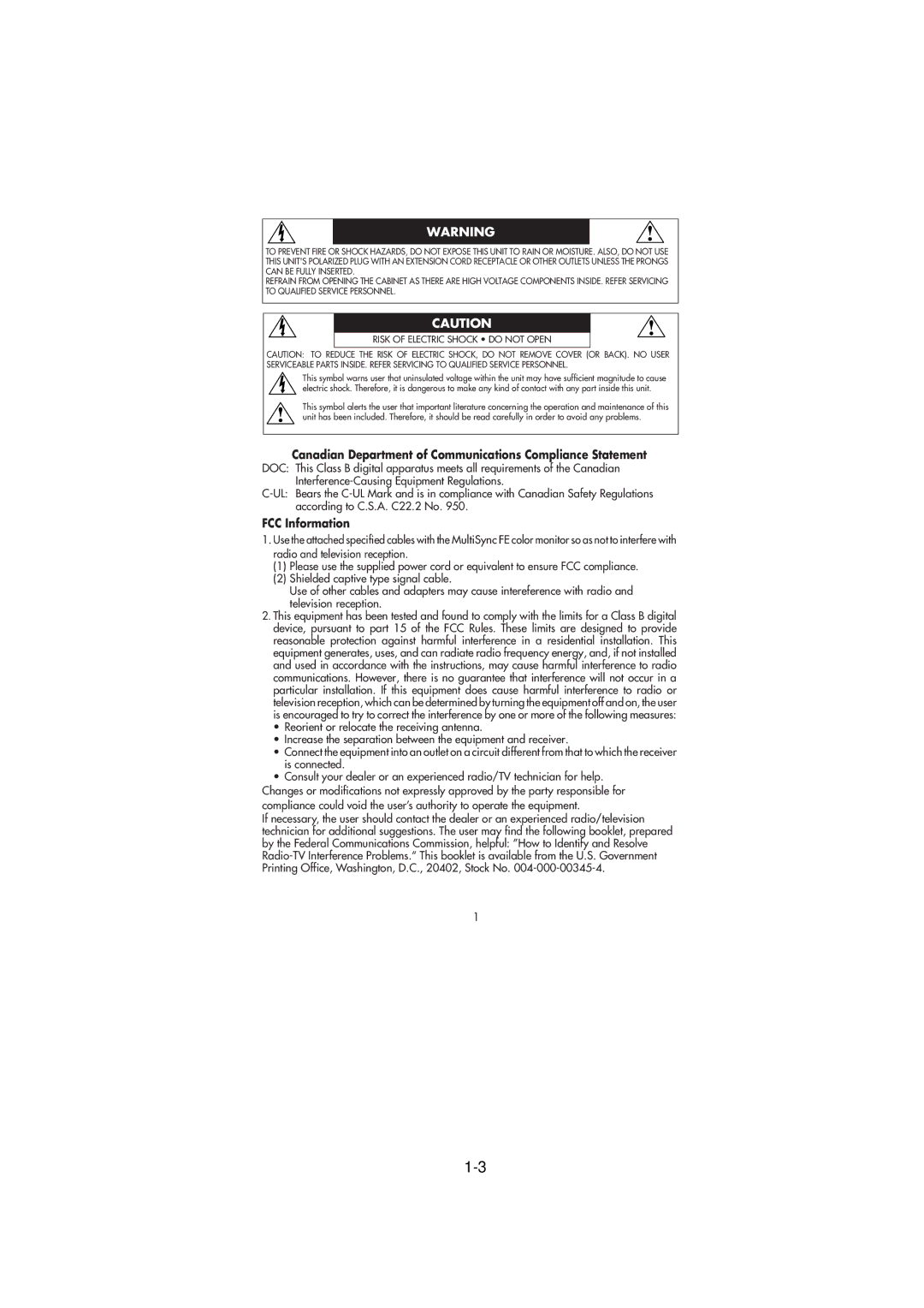 NEC FE791SB, FE991SB user manual Canadian Department of Communications Compliance Statement, FCC Information 