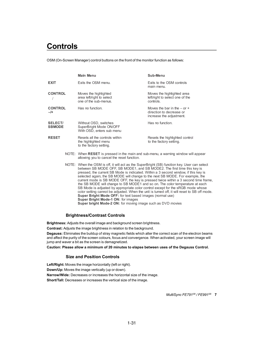 NEC FE791SB, FE991SB user manual Brightness/Contrast Controls, Size and Position Controls 