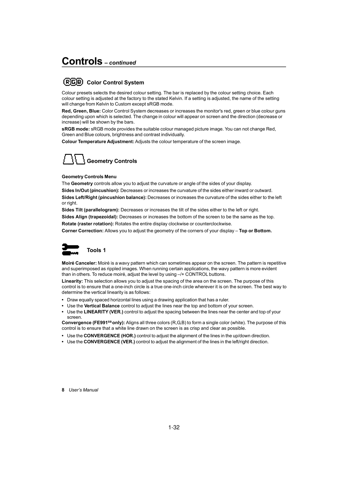 NEC FE991SB, FE791SB user manual Color Control System, Tools, Geometry Controls Menu 