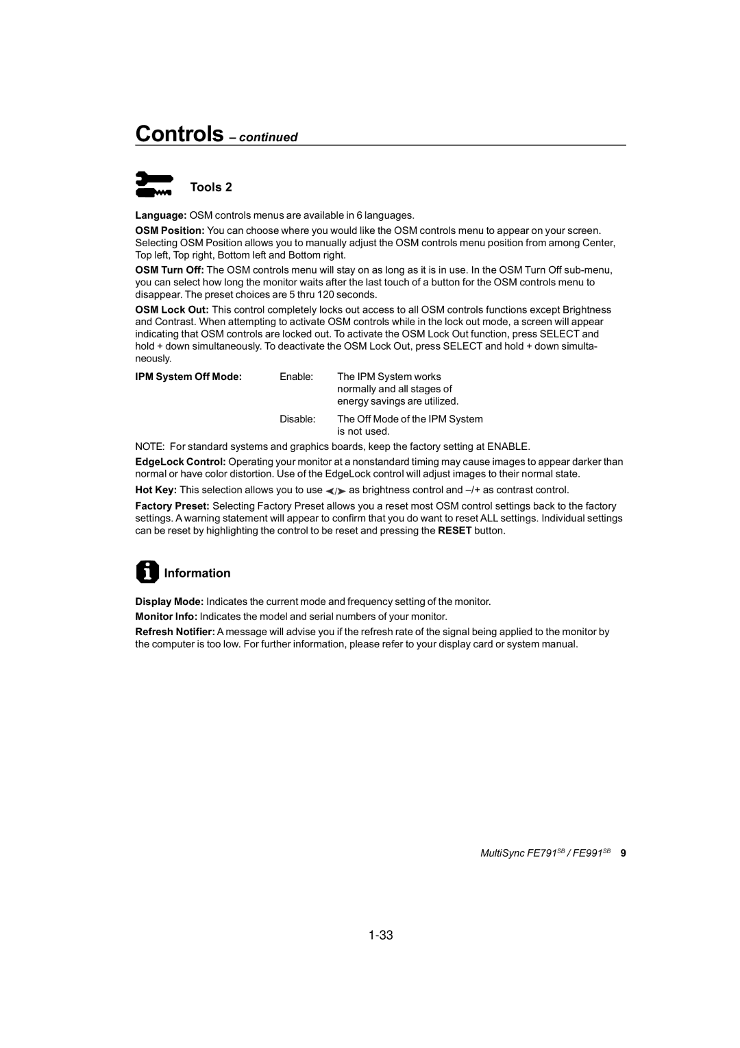 NEC FE791SB, FE991SB user manual Information, IPM System Off Mode 