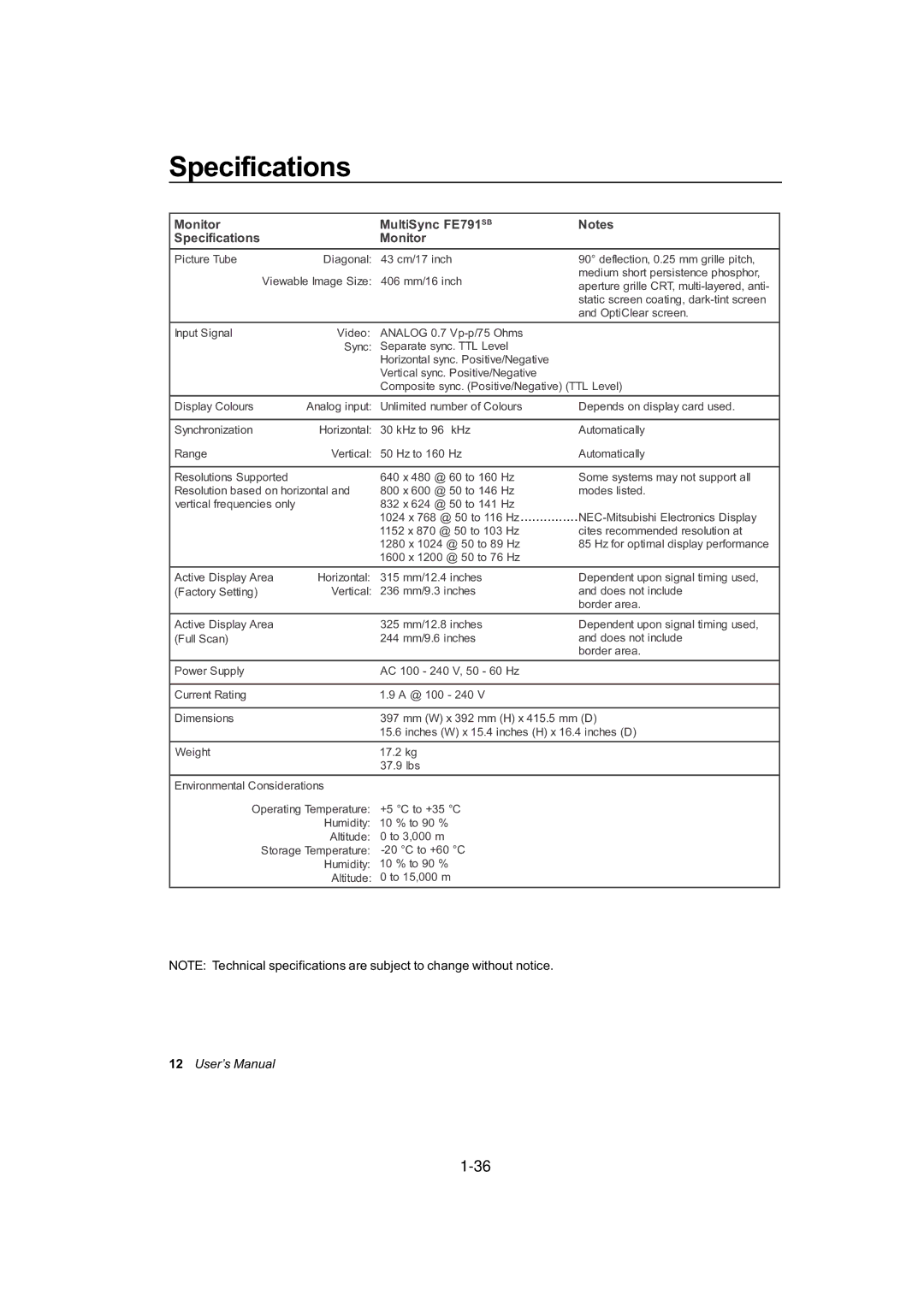 NEC FE991SB user manual Monitor MultiSync FE791SB Specifications 