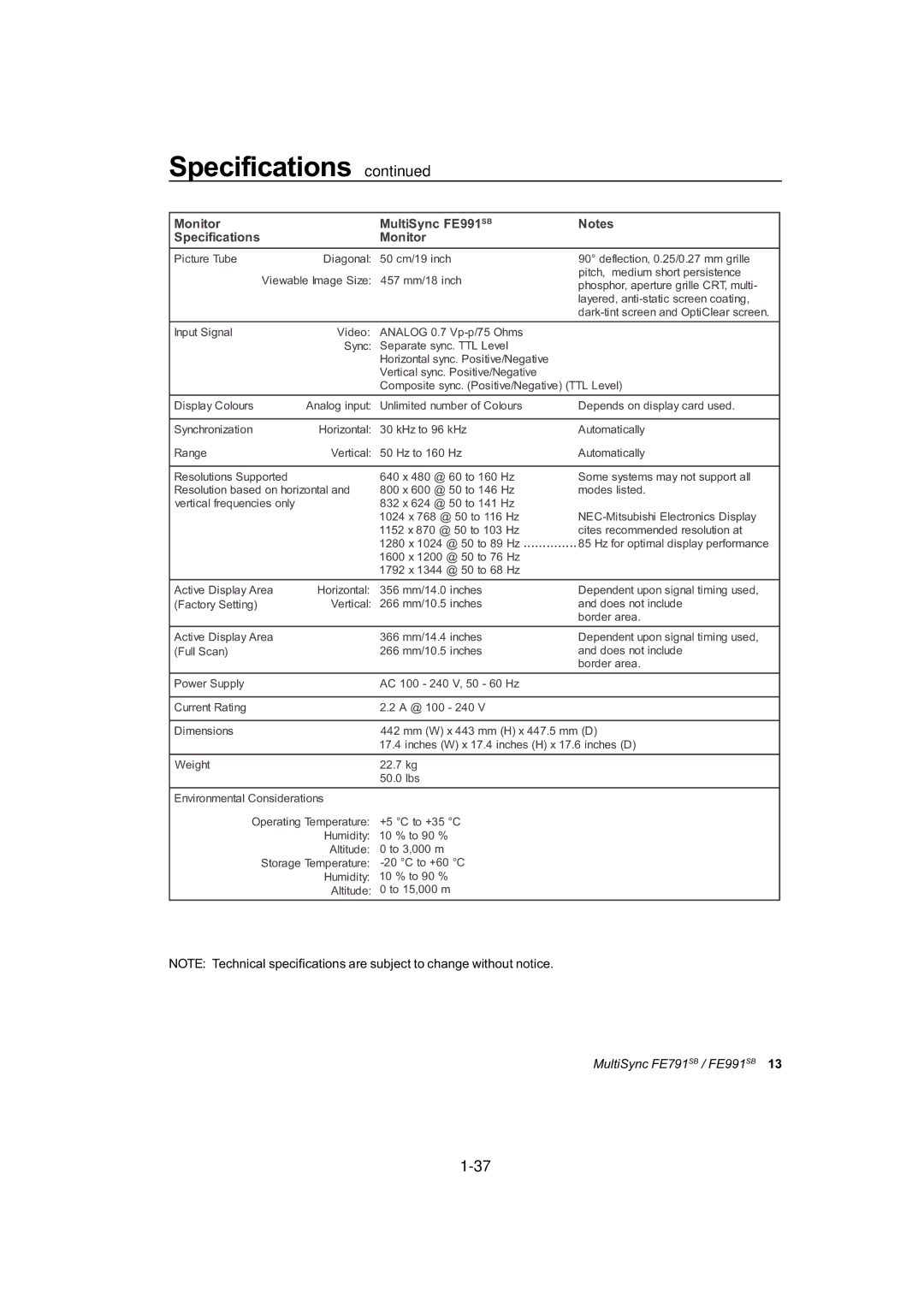 NEC FE791SB, FE991SB user manual Monitor MultiSync FE991 SB Specifications 