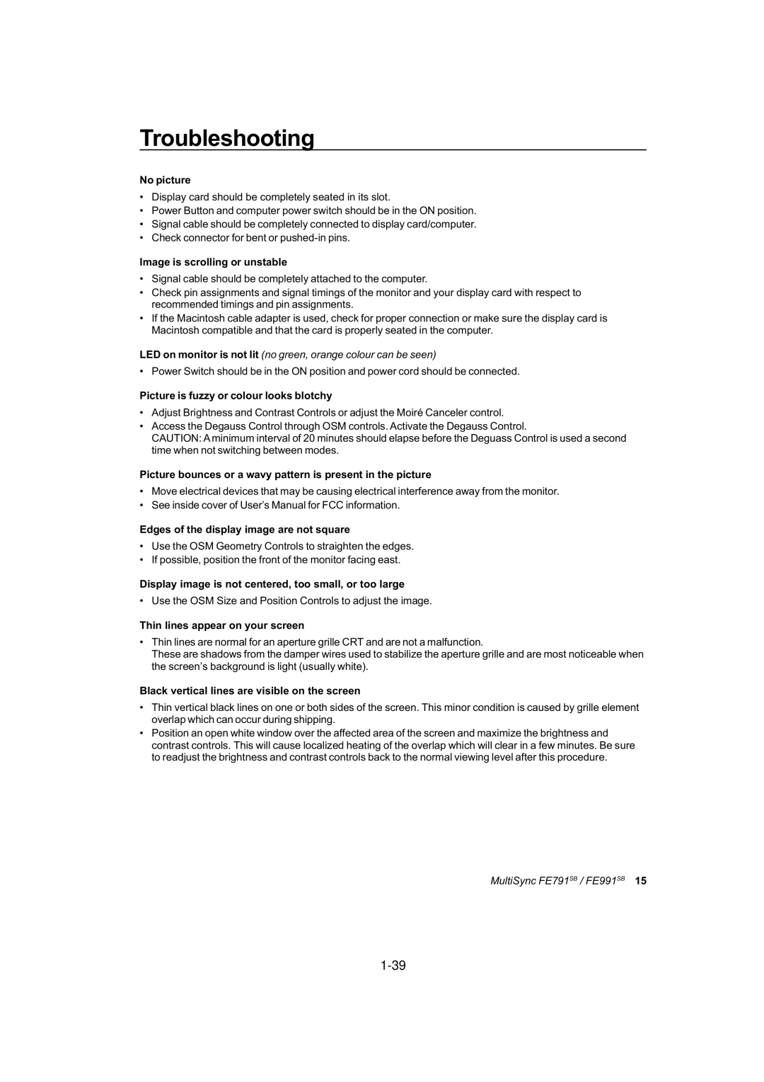 NEC FE791SB, FE991SB user manual Troubleshooting 