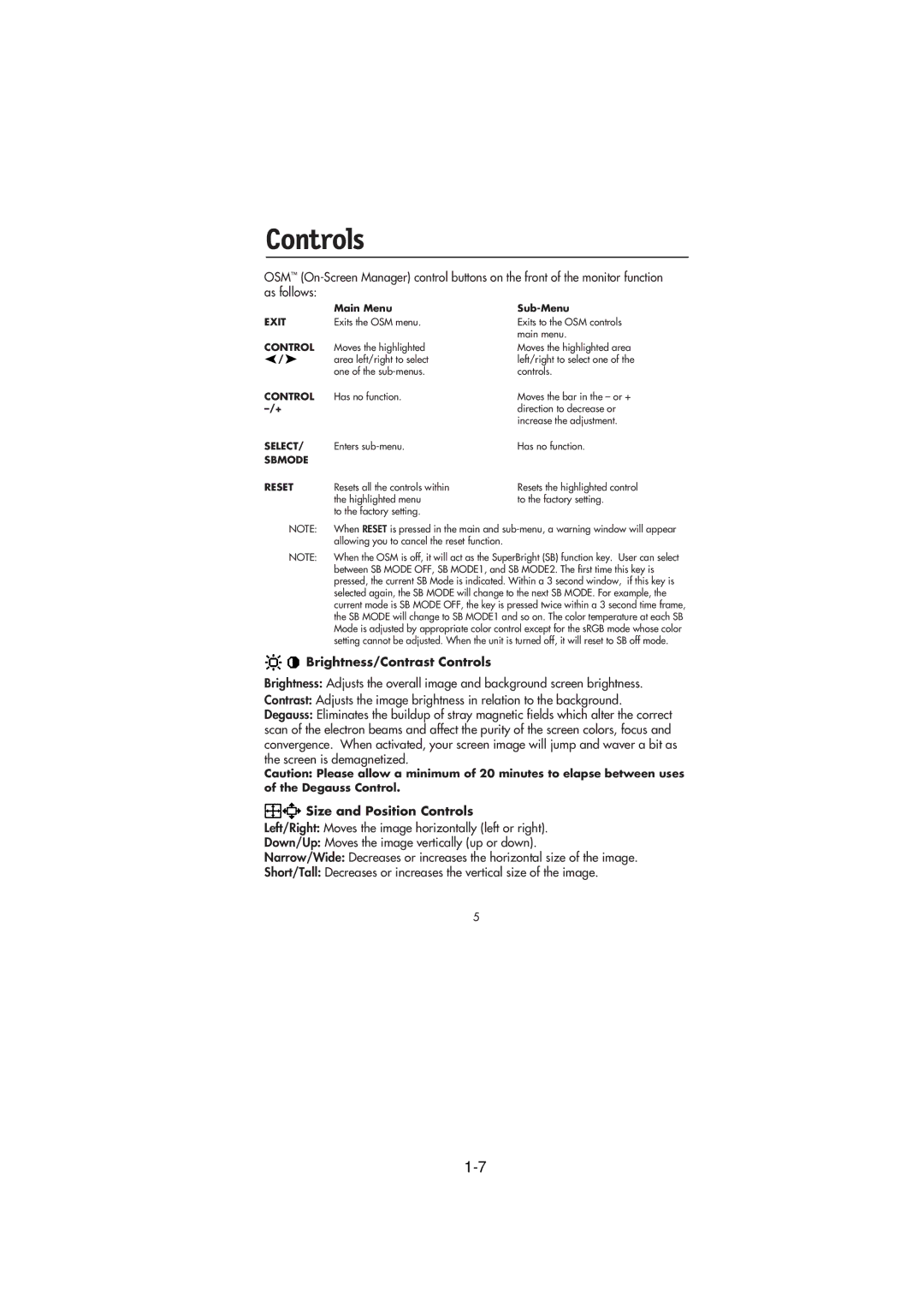 NEC FE791SB, FE991SB user manual Brightness/Contrast Controls, Size and Position Controls 