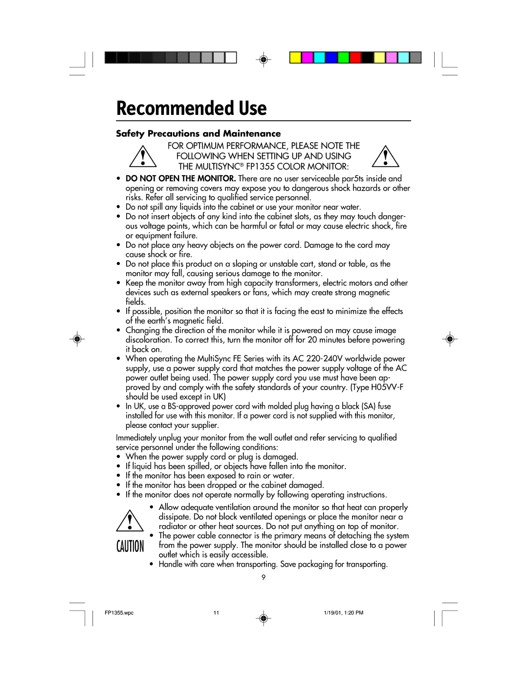 NEC FP1355 user manual Recommended Use, Safety Precautions and Maintenance 