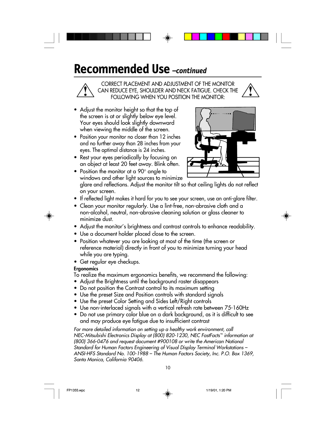 NEC FP1355 user manual Adjust the monitor height so that the top 